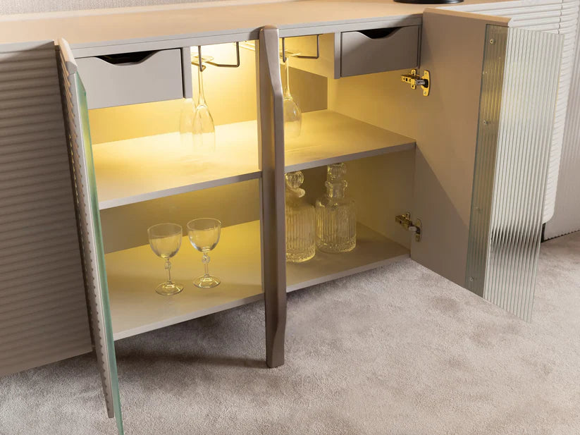 Home accessory piece: Leora sideboard styled with lamps