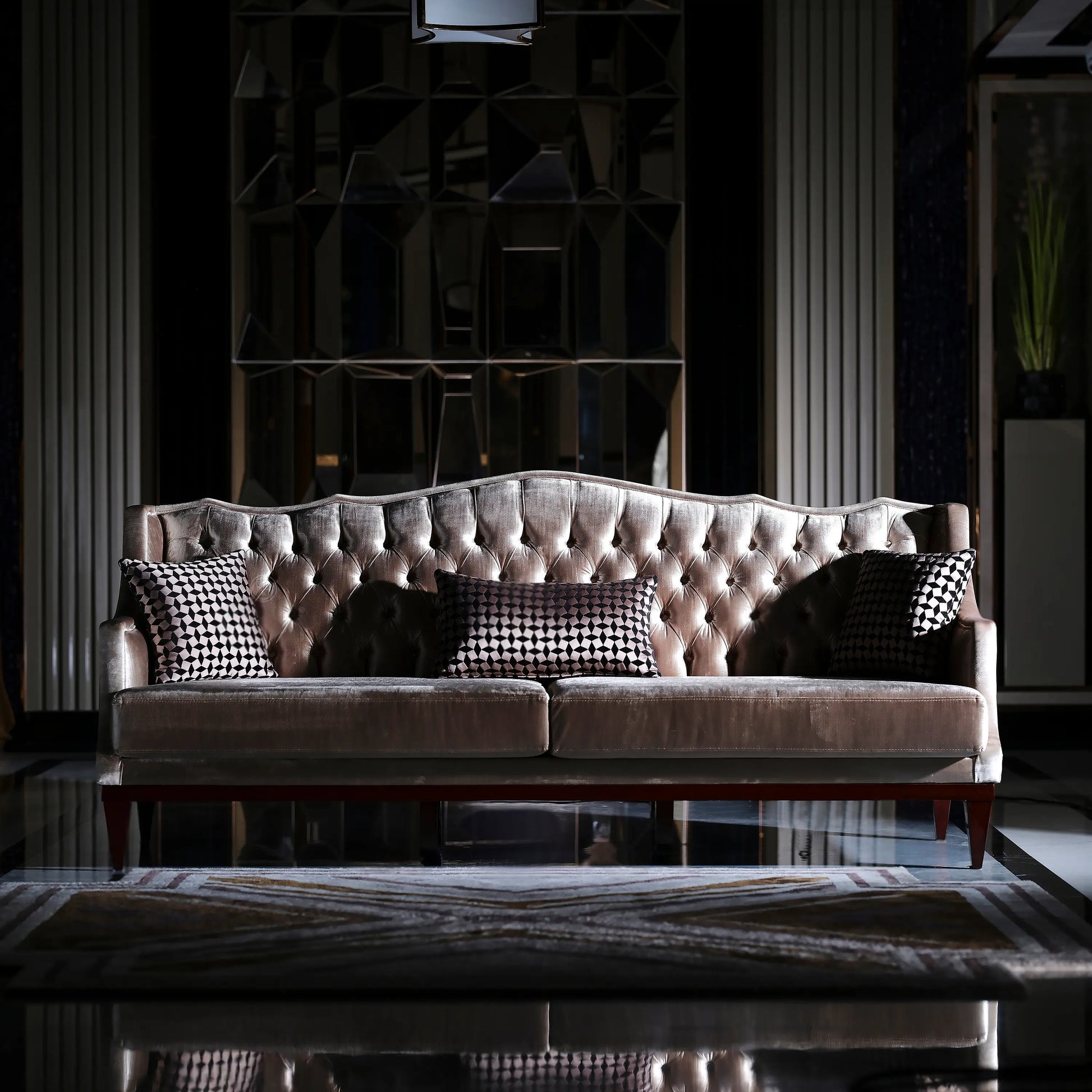 London 3 Seater Sofa, full front view with cushions. Part of the London Sofa Set. Luxe Life Furniture.