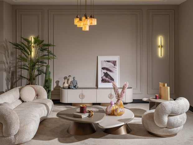 Oval white coffee table in a modern living room setting