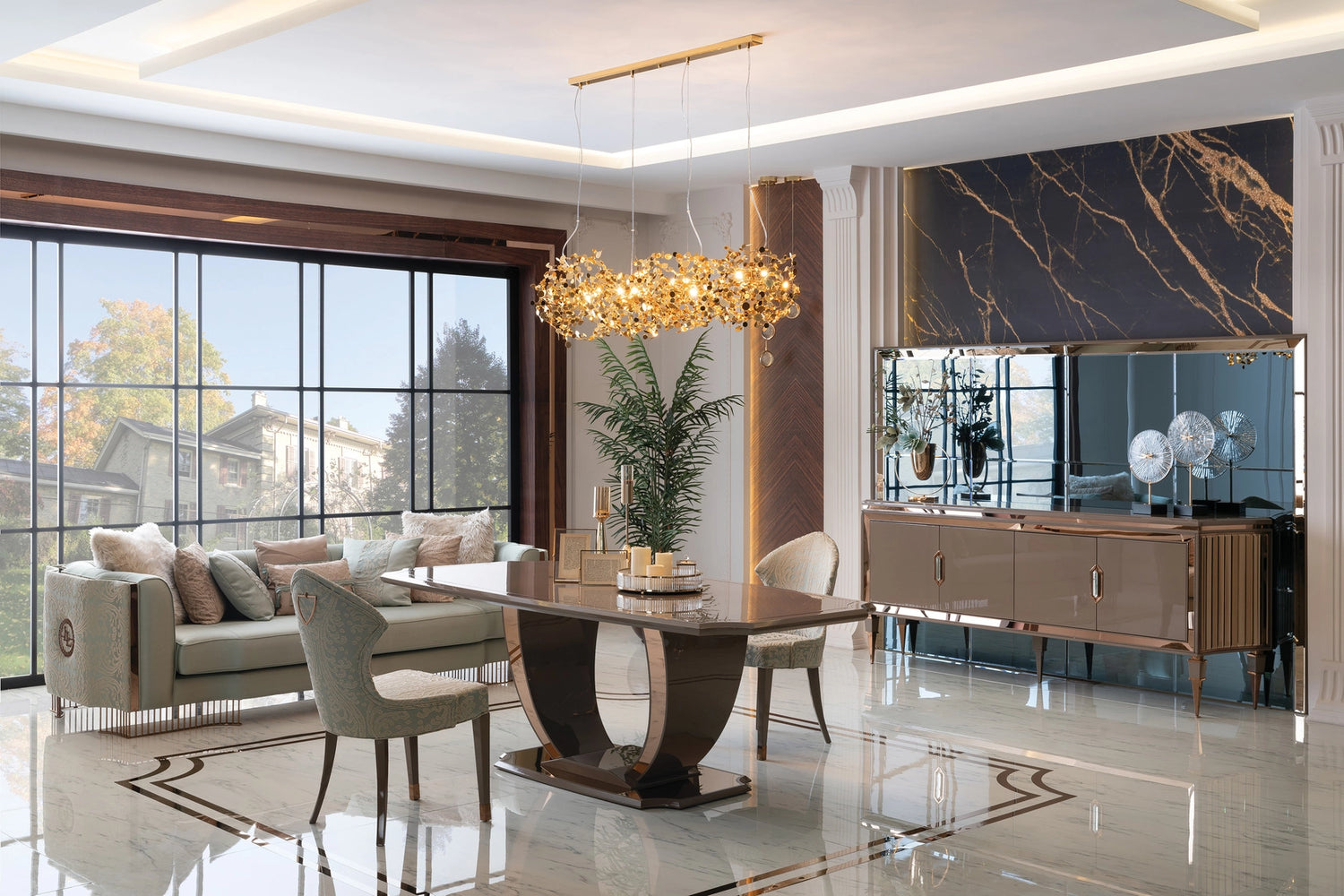 Sevilla luxury dining table with modern design and premium finish, comfortably seating six.