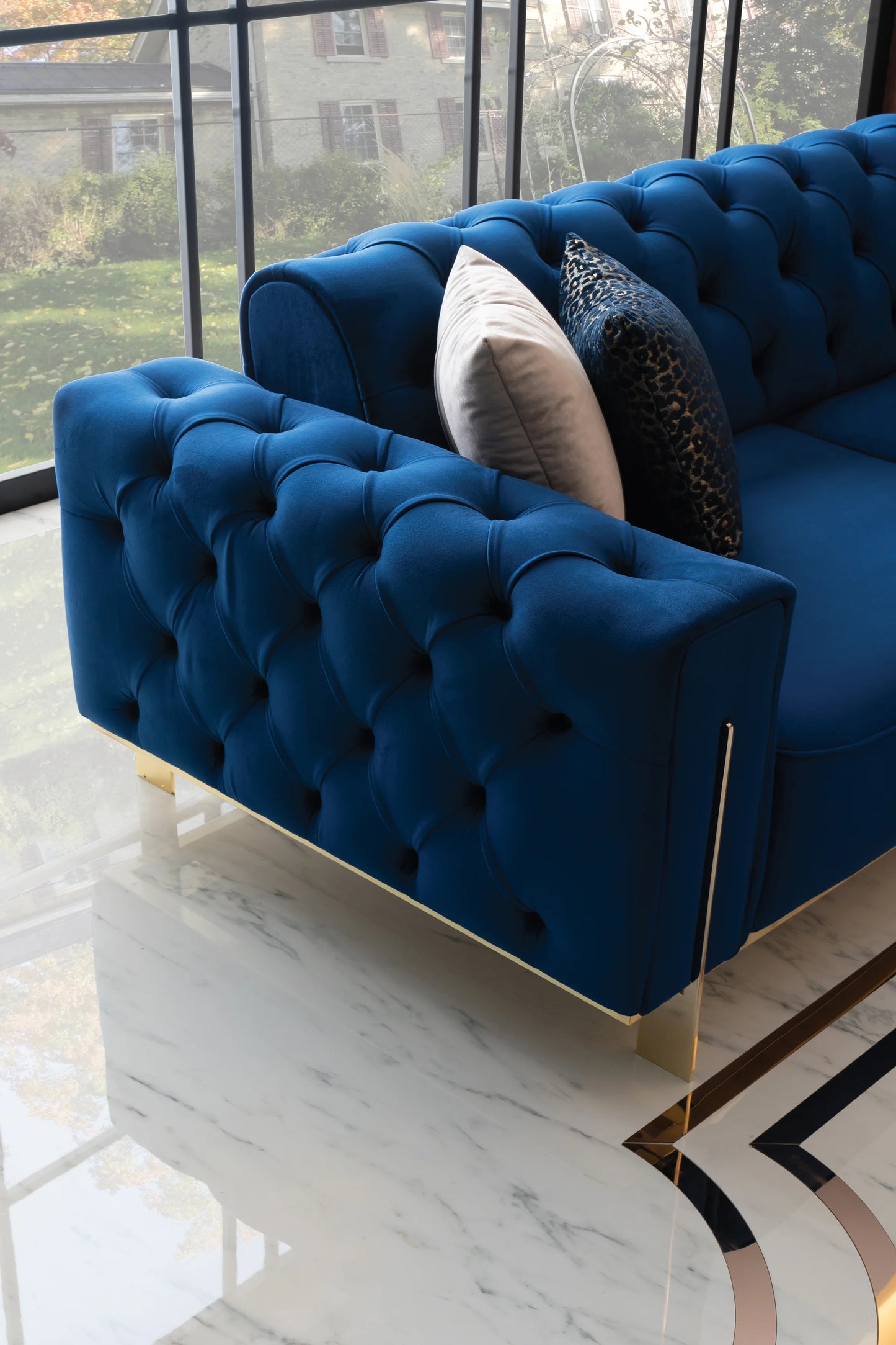 Navy blue and gold shop couch