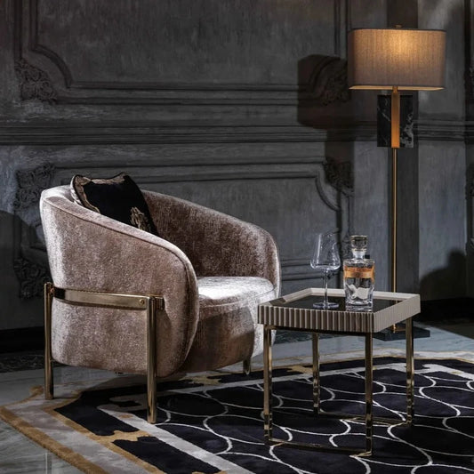 Detail of Lyon Armchair plush velvet fabric and metal frame