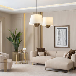 Massimo L Shaped Couch, armchair, and nesting table, part of the Massimo Corner Sofa collection, arranged in a modern living room. Luxe Life Furniture.