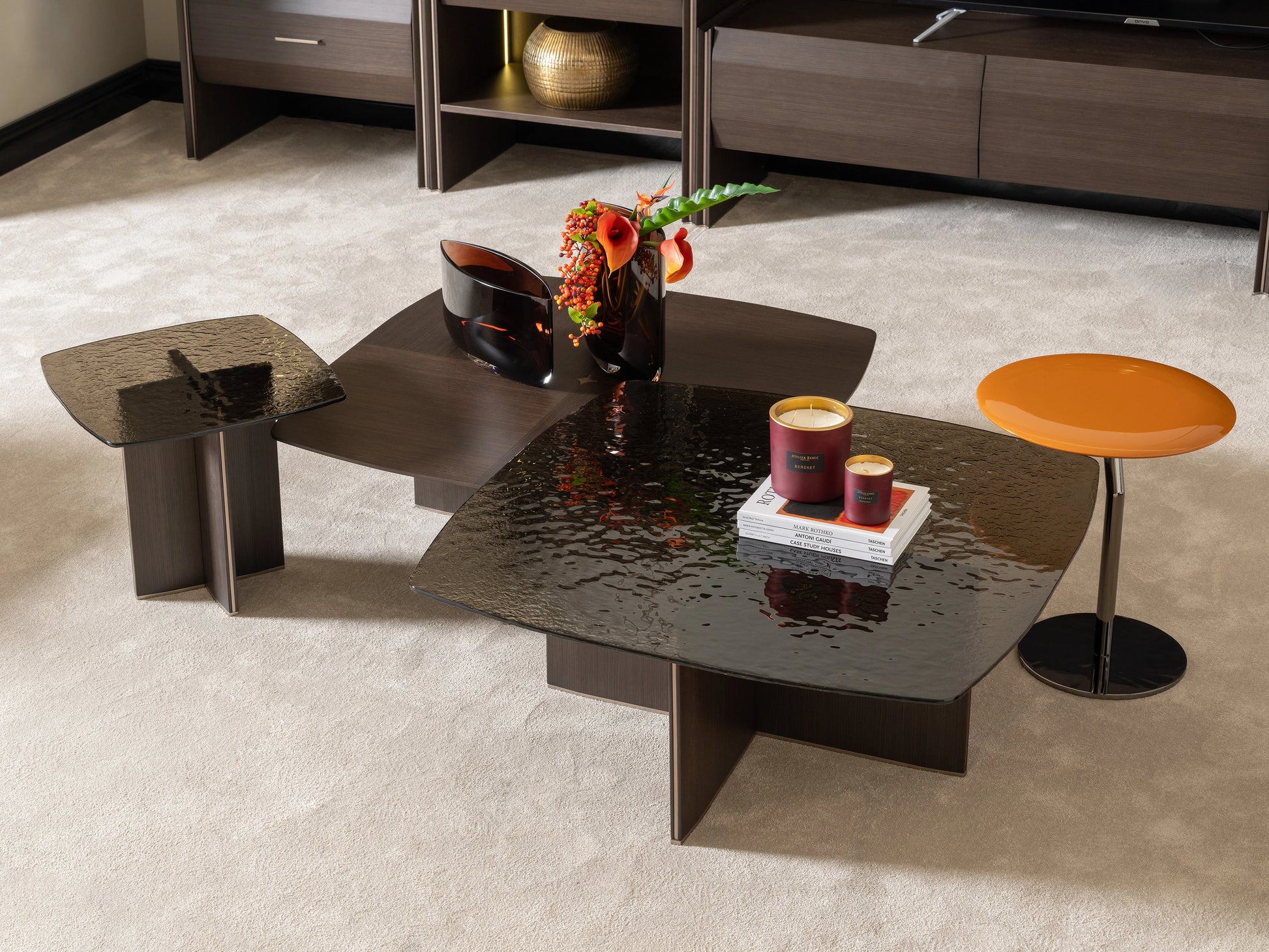 Modern Moka coffee table set with textured glass top, dark wood finish, and side table
