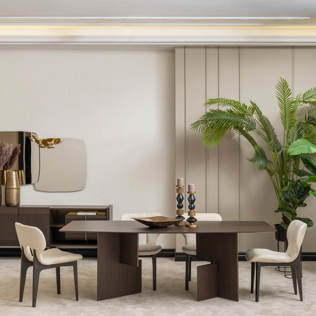 Moka dining table and four upholstered chairs with contemporary sideboard and mirror