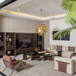 Side view of Moka sofa set with stitched leather details