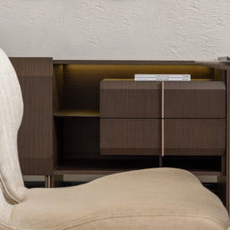 Contemporary Moka sideboard with illuminated shelf and close-up on wooden drawers