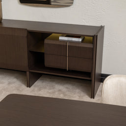Moka sideboard open shelving with books, detail next to dining chair