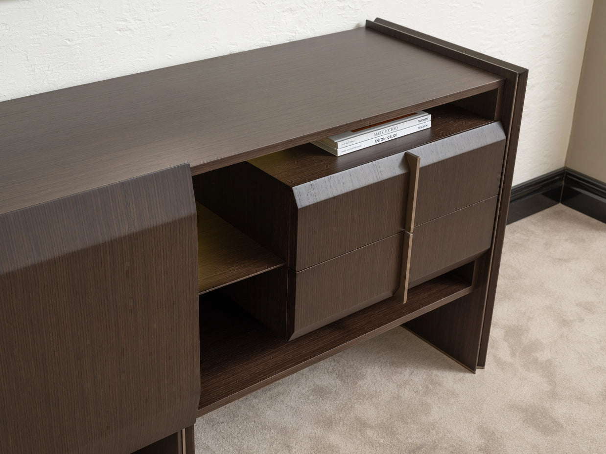 Modern Moka sideboard with open shelving and storage drawers, styled with books