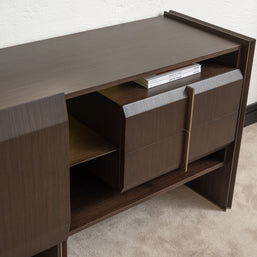 Modern Moka sideboard with open shelving and storage drawers, styled with books