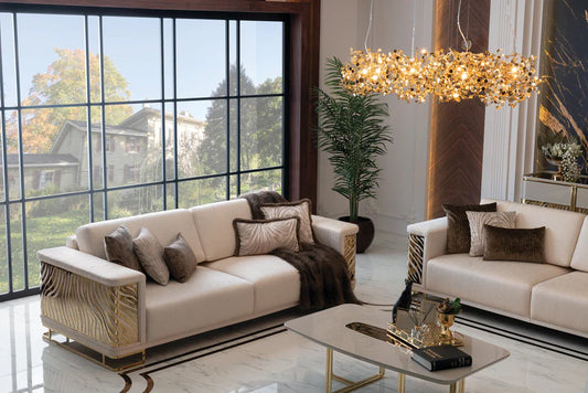 Monticelli 2-seater sofa in modern luxury living room with gold accents Monticelli 2-seater sofa in modern luxury living room with gold accents