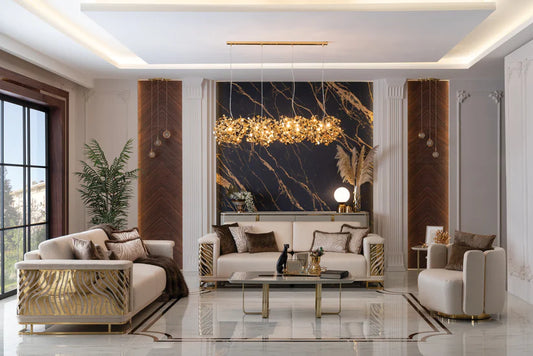 Monticelli 2-seater sofa in modern luxury living room with gold accents Monticelli 2-seater sofa in modern luxury living room with gold accents