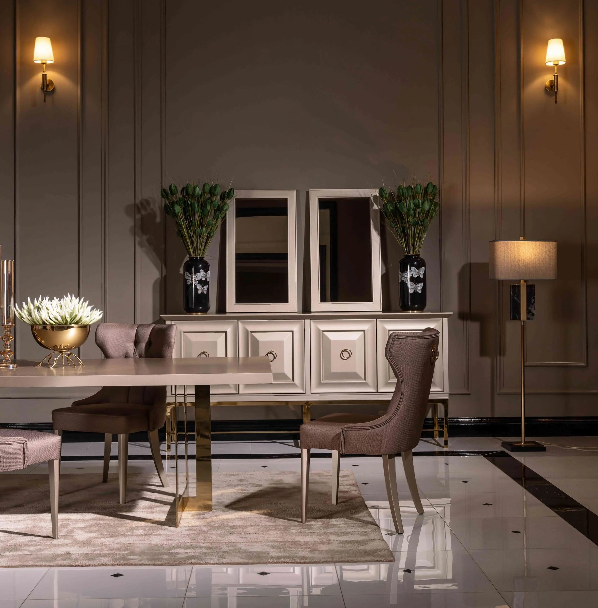 Nepal Dining Set, partial view of table, chairs, and sideboard. Luxe Life Furniture.