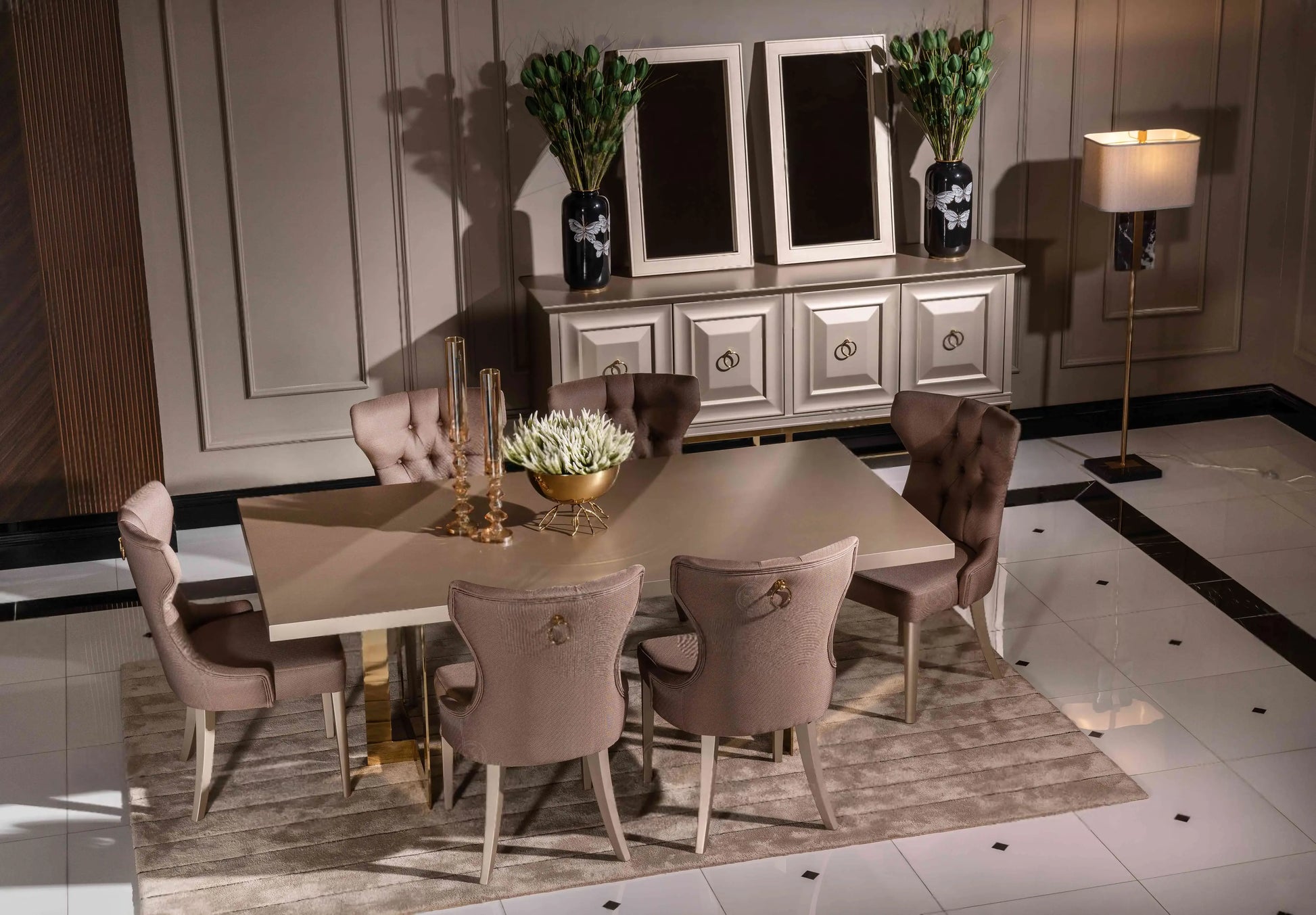 Nepal Dining Set, top view of table, chairs, and sideboard. Luxe Life Furniture.