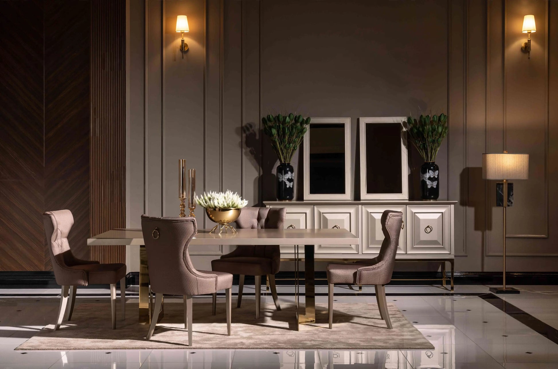 Nepal Dining Set, side view of table, four chairs, and sideboard. Luxe Life Furniture.