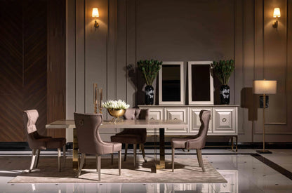 Nepal Dining Set, side view of table, four chairs, and sideboard. Luxe Life Furniture.