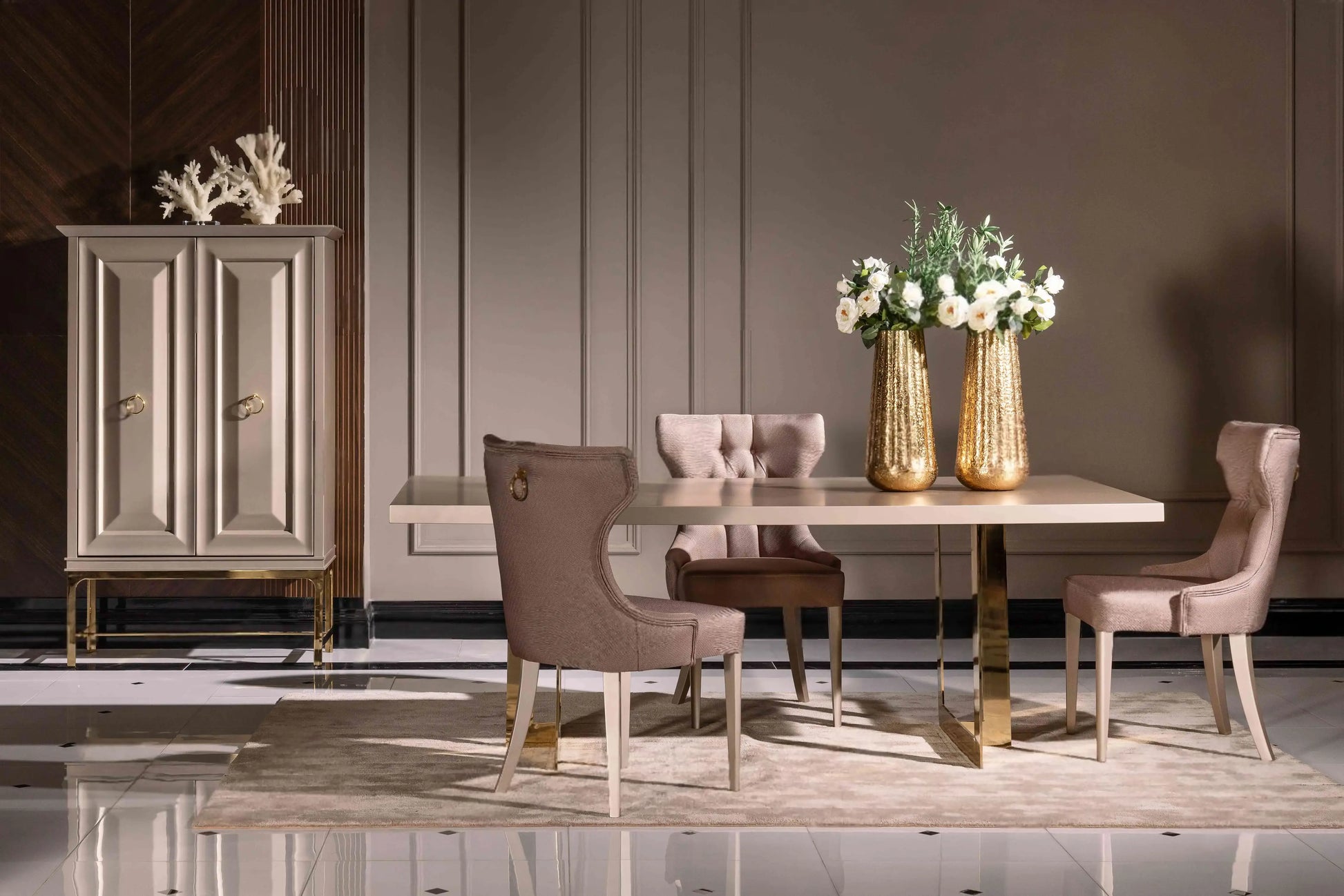 Nepal Dining Set, side view of table, chairs, and display unit. Luxe Life Furniture.
