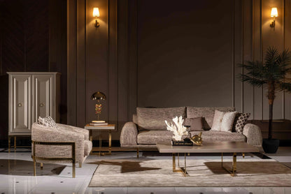 Nepal Sofa Set, 3-seater, coffee table, armchair, side table, and display unit in full living room view. Luxe Life Furniture.