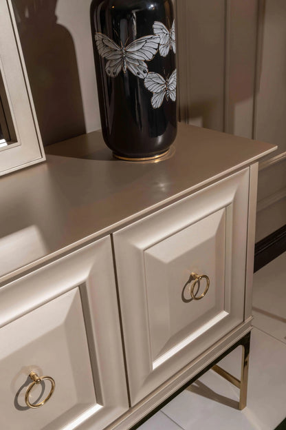 Nepal Dining Set sideboard details, close view of storage and handle. Luxe Life Furniture.