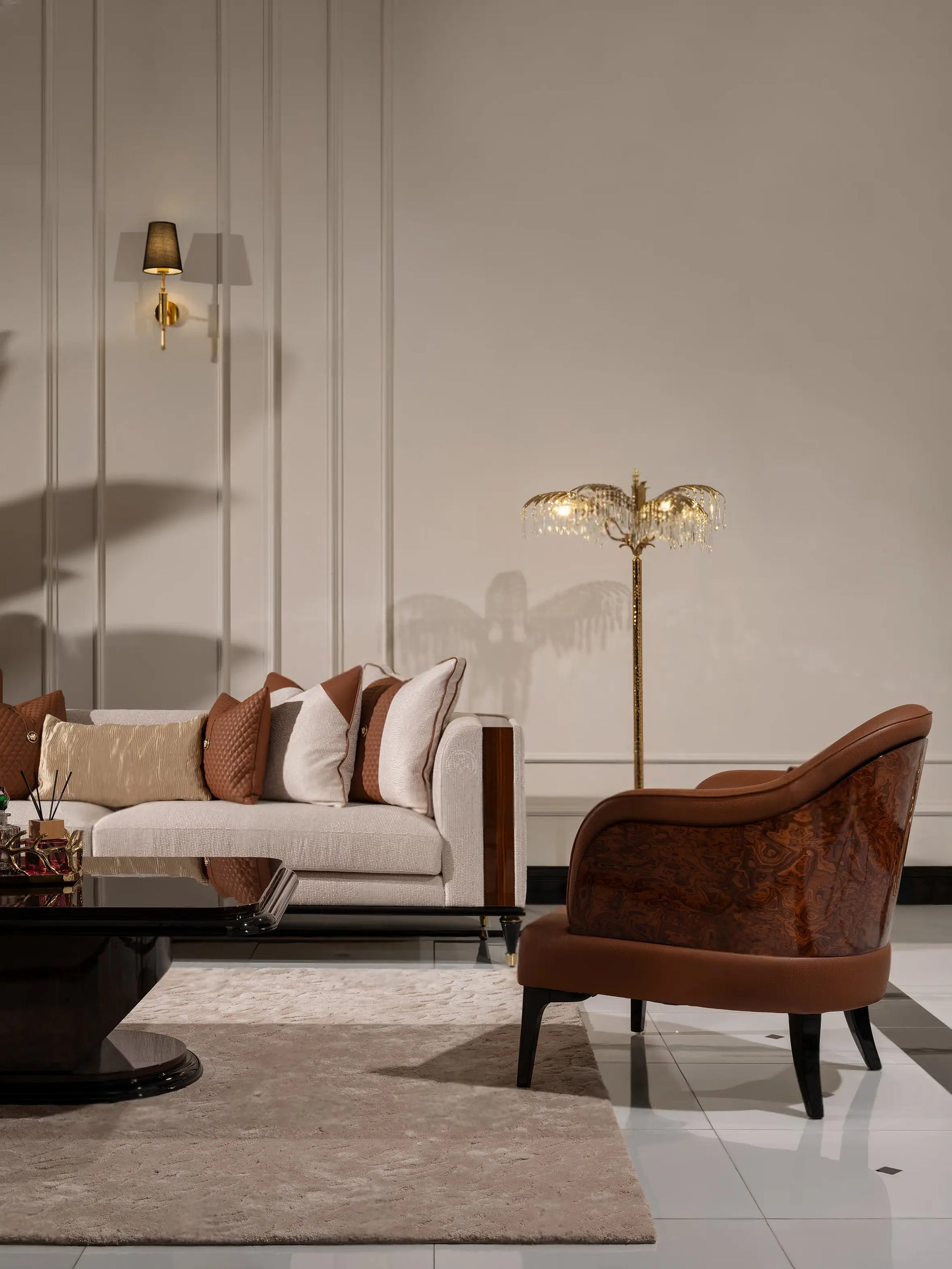 Nevada Sofa Set armchair side view, partial wooden frame sofa and coffee table. Luxe Life Furniture.