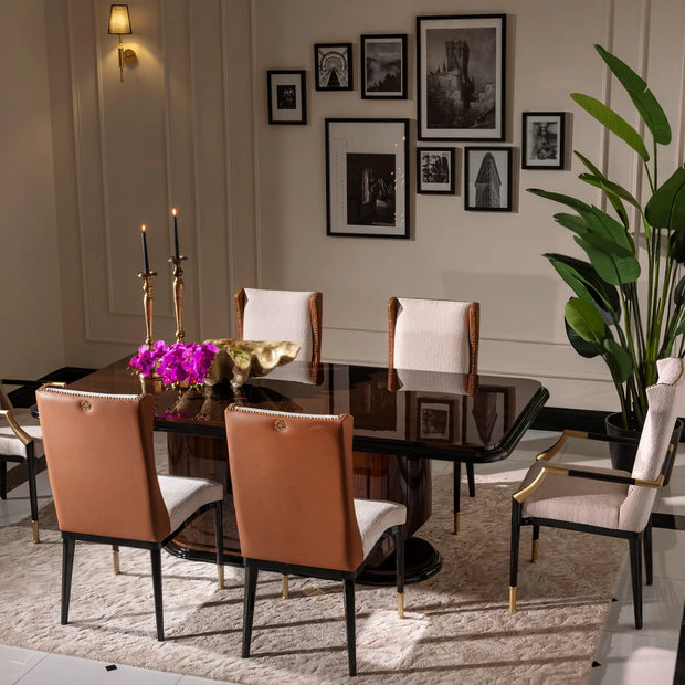 Nevada Dining Set side view, dining table with 6 chairs, 2 lux and 4 standard. Luxe Life Furniture.