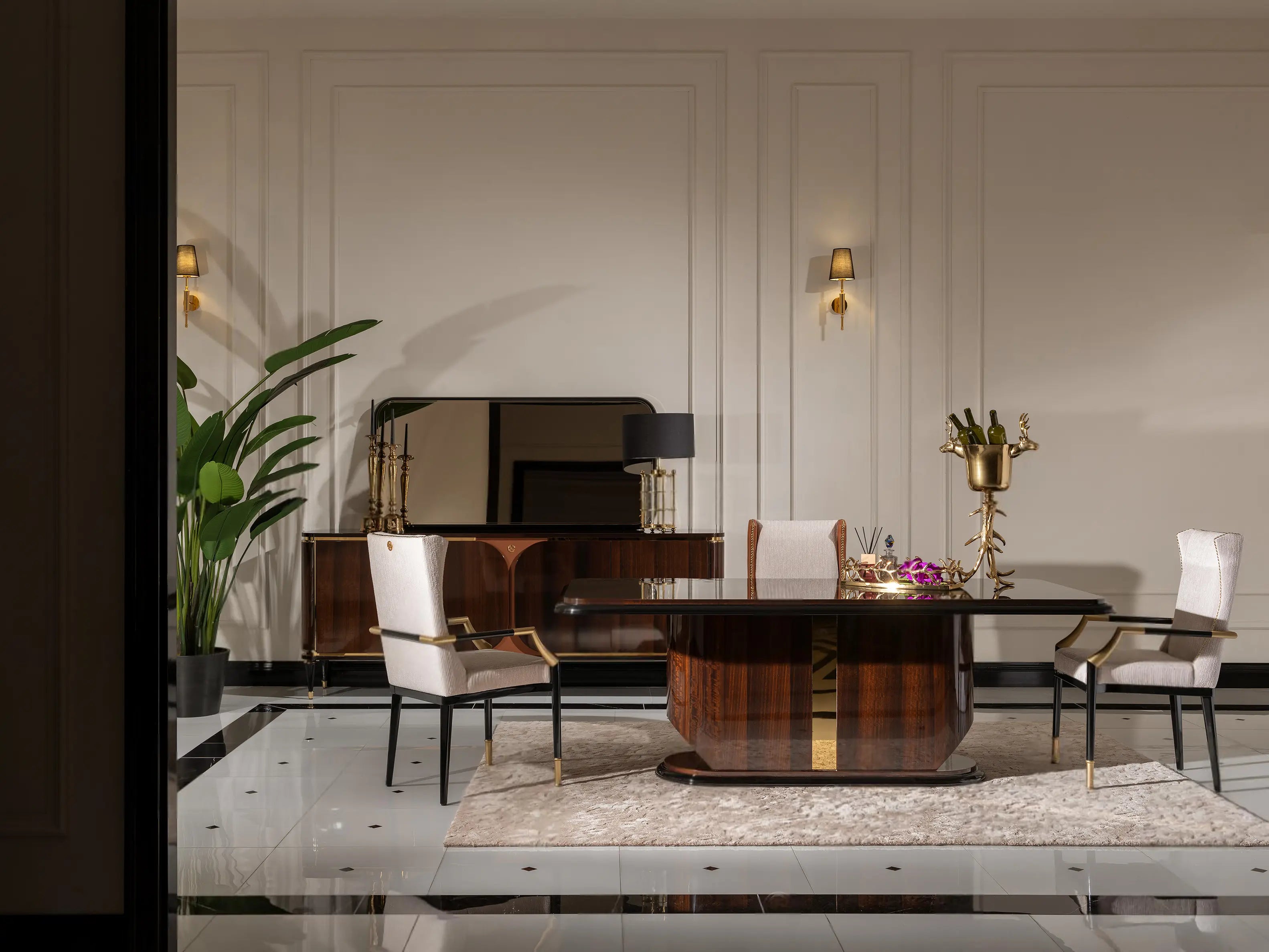 Nevada Dining Set side view, dining table with 2 lux and 1 standard chair, sideboard and mirror. Luxe Life Furniture.