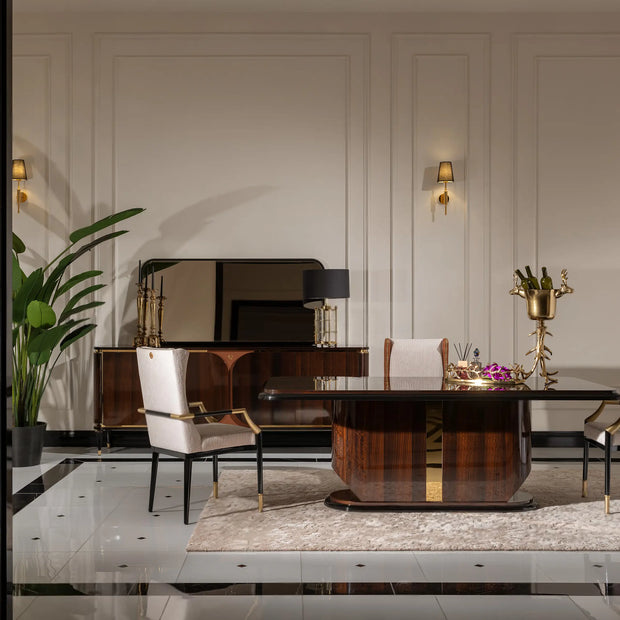 Nevada Dining Set side view, dining table with 2 lux and 1 standard chair, sideboard and mirror. Luxe Life Furniture.
