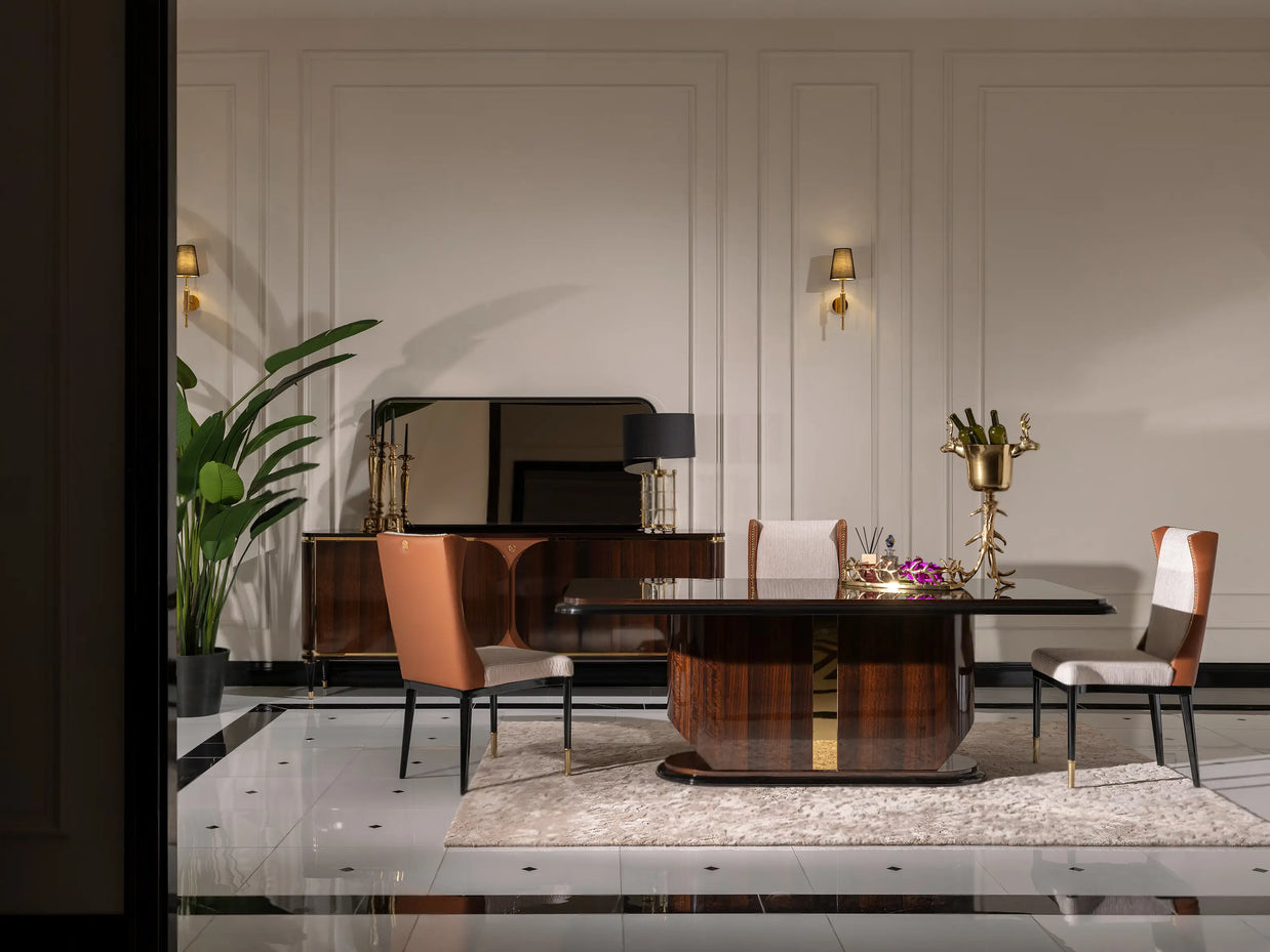 Nevada Dining Set side view, dining table with 2 lux and 1 standard chair, sideboard and mirror. Luxe Life Furniture.