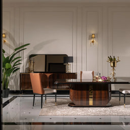 Nevada Dining Set side view, dining table with 2 lux and 1 standard chair, sideboard and mirror. Luxe Life Furniture.