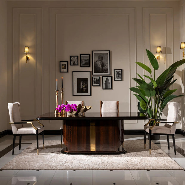 Nevada Dining Set side view, dining table with 2 lux and 2 standard chairs, sideboard and mirror. Luxe Life Furniture.