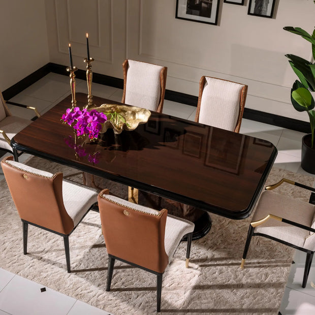 Nevada Dining Set top view, dining table with 6 chairs, 2 lux and 4 standard. Luxe Life Furniture.