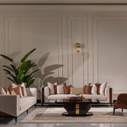 Nevada Sofa Set complete living room view, featuring 4 seater sofa standard, 4 seater wooden frame sofa, armchair, and coffee table. Luxe Life Furniture.