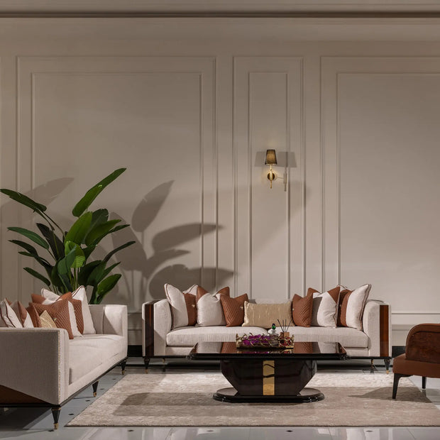 Nevada Sofa Set complete living room view, featuring 4 seater sofa standard, 4 seater wooden frame sofa, armchair, and coffee table. Luxe Life Furniture.