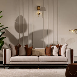 Nevada Sofa Set 4 seater wooden frame sofa with partial puff view. Luxe Life Furniture.