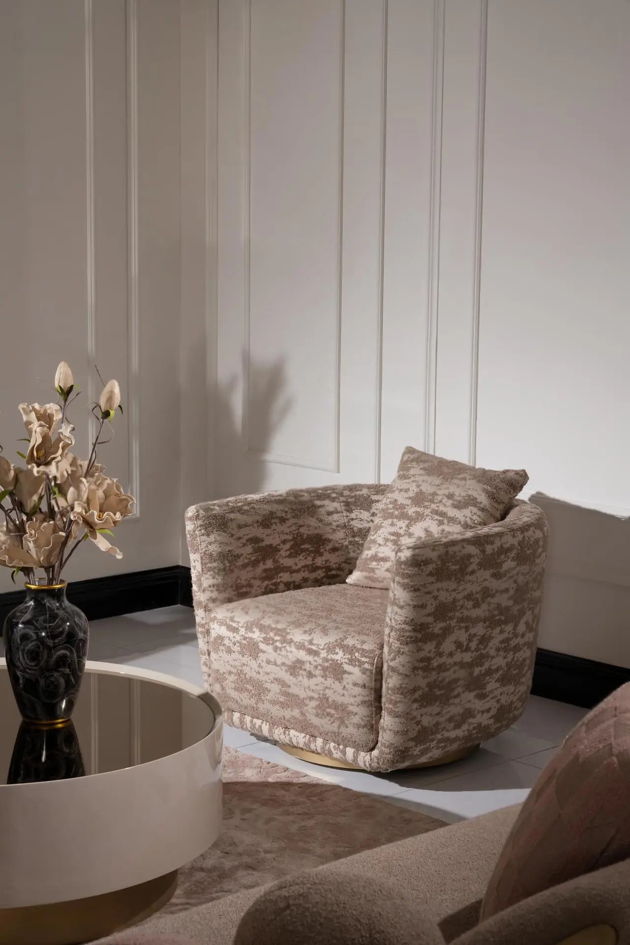 Odessa armchair, partial view of the coffee table. Luxe Life Furniture.