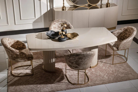 Odessa Dining Set top view with dining table, four chairs, and sideboard. Luxe Life Furniture. Odessa Dining Set top view with dining table, four chairs, and sideboard. Luxe Life Furniture.