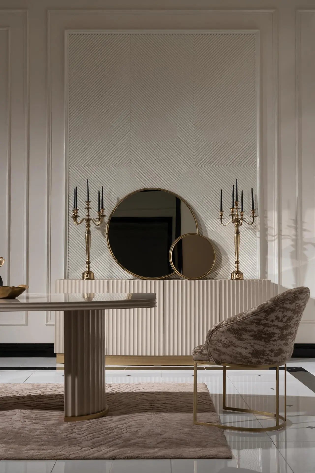 Odessa Dining Table partial view with armchair and sideboard. Luxe Life Furniture.