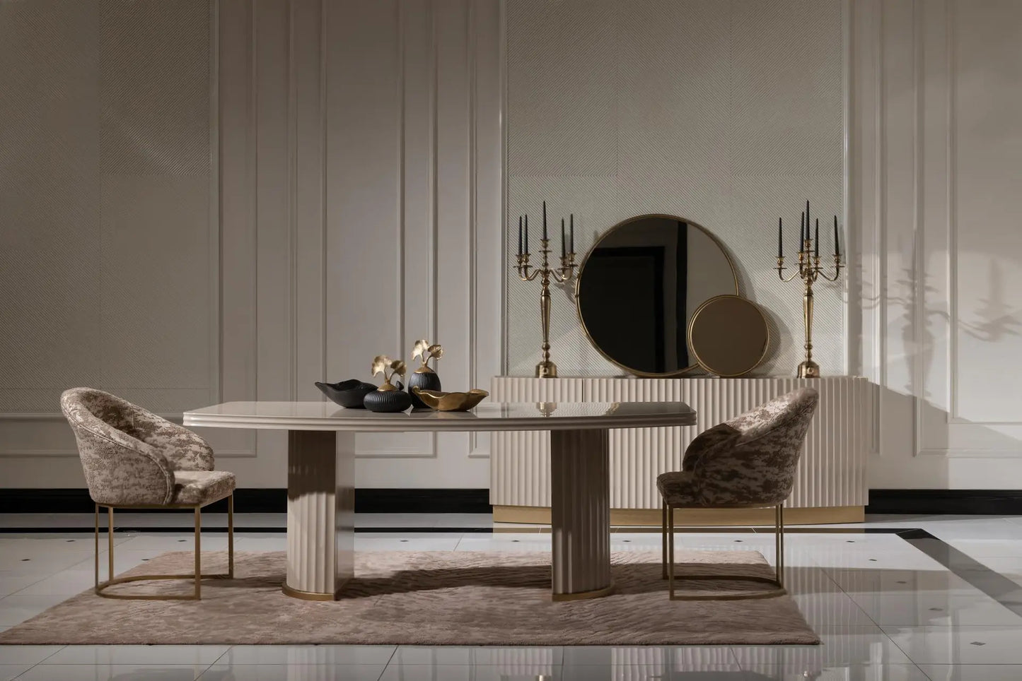 Odessa Dining Table side view with two chairs and sideboard with mirror. Luxe Life Furniture.