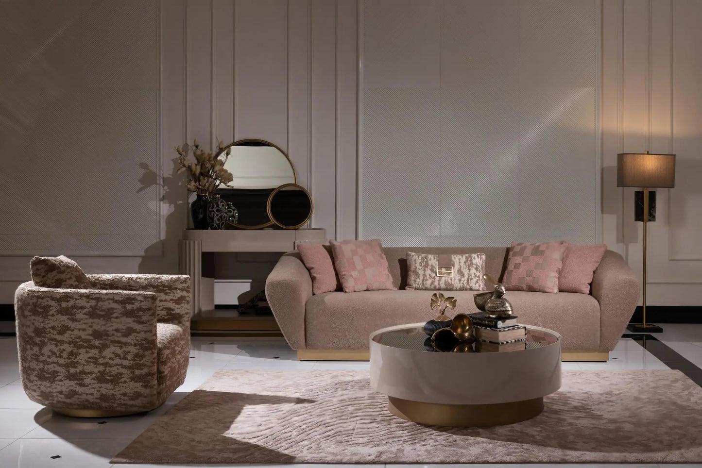 Odessa living room with 3 seater sofa, coffee table, and armchair. Luxe Life Furniture.