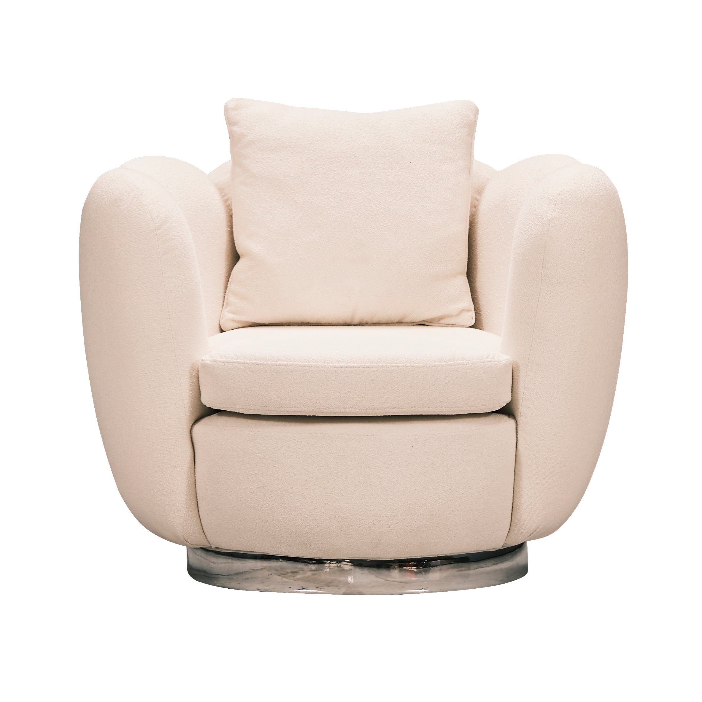Plush contemporary armchair with metal base detail