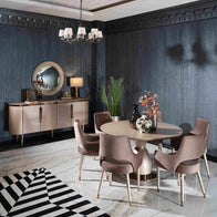 Porto round dining table, beige, with 6 chairs and sideboard with mirror. Part of the Porto Dining Set. Luxe Life Furniture.