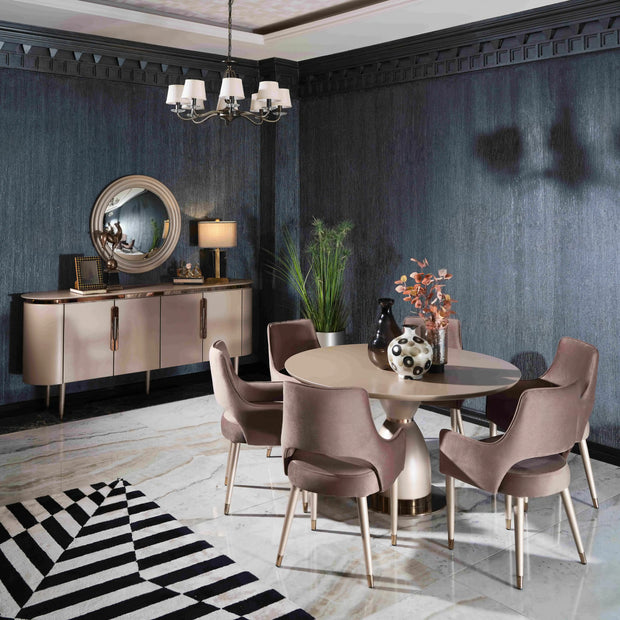 Porto round dining table, beige, with 6 chairs and sideboard with mirror. Part of the Porto Dining Set. Luxe Life Furniture.