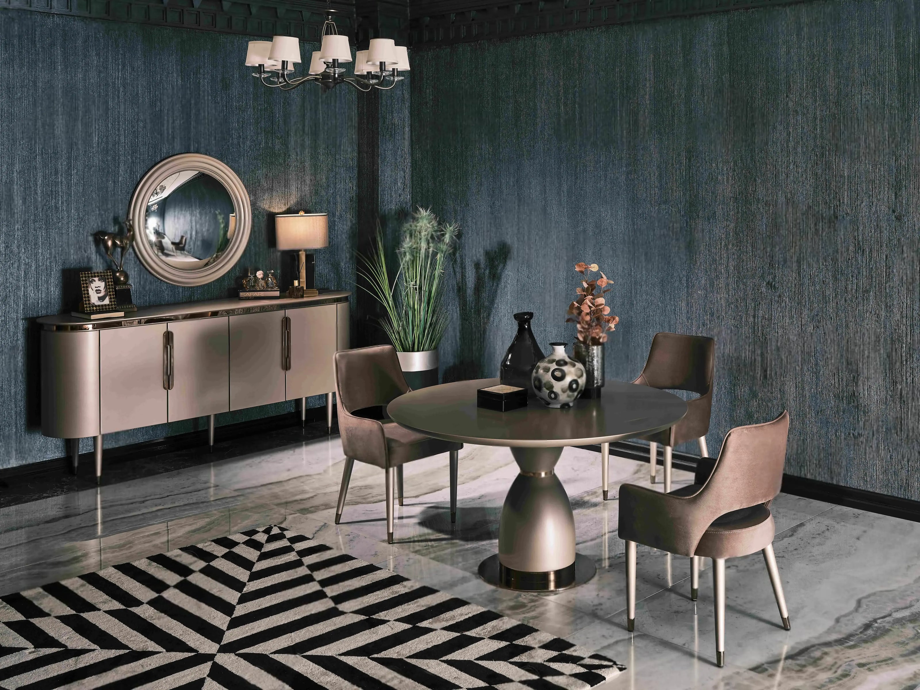 Side view, Porto round dining table, beige, 3 chairs, sideboard with mirror. Part of the Porto Dining Set. Luxe Life Furniture.