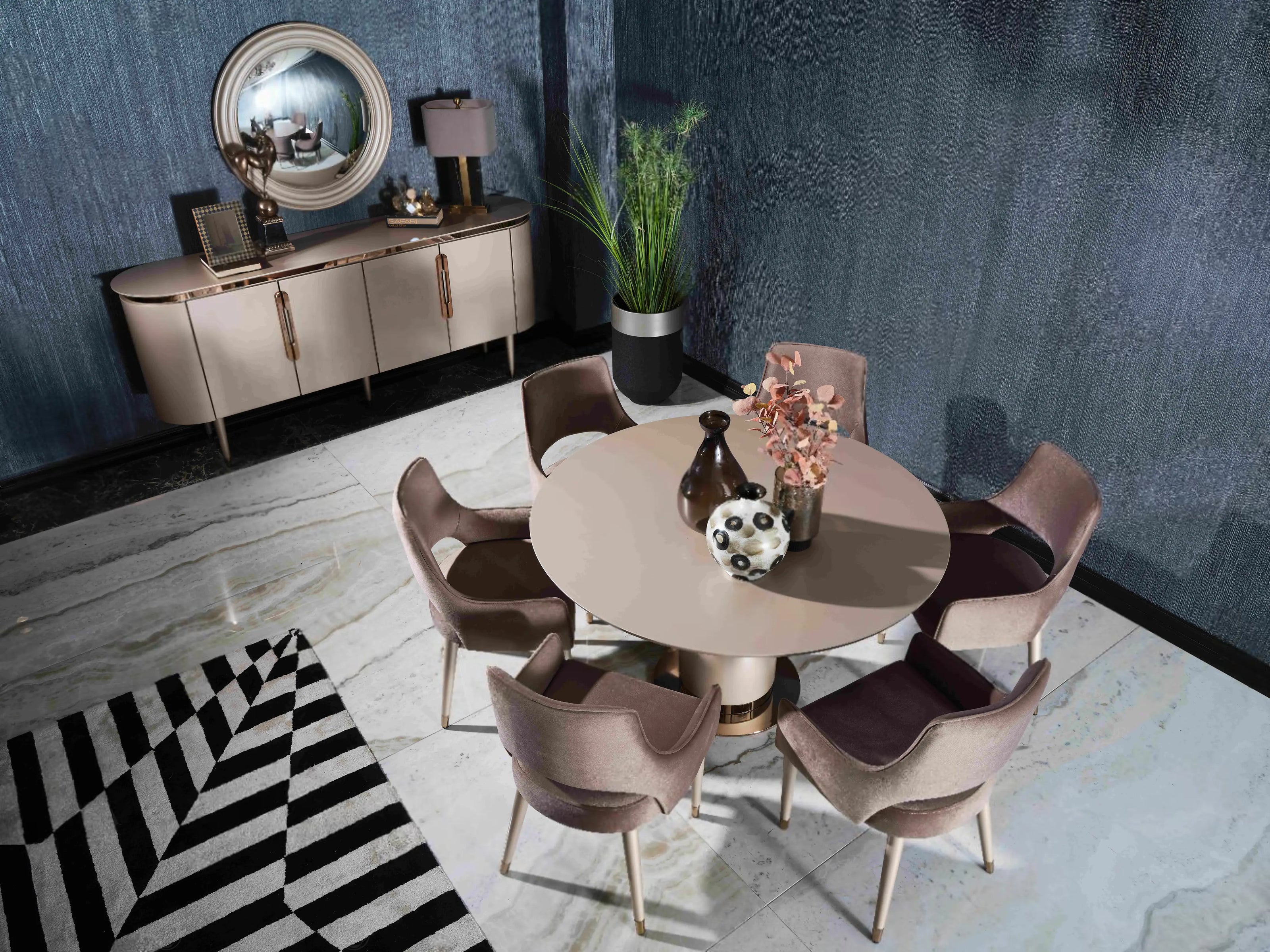 Top view, Porto round dining table, beige, 6 chairs, sideboard with mirror. Part of the Porto Dining Set. Luxe Life Furniture.