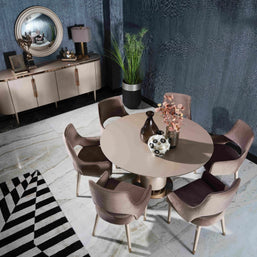 Top view, Porto round dining table, beige, 6 chairs, sideboard with mirror. Part of the Porto Dining Set. Luxe Life Furniture.