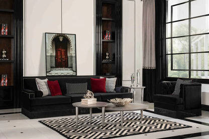 Porto 4-seater sofa, black fringed design, with armchair and coffee tables. Part of the Porto Sofa Set. Luxe Life Furniture.