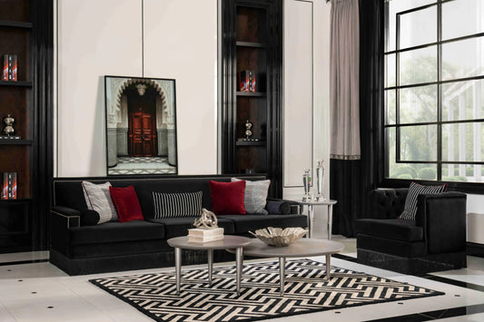 Porto 4-seater sofa, beige fringed design, with armchair and coffee tables. Part of the Porto Sofa Set. Luxe Life Furniture.