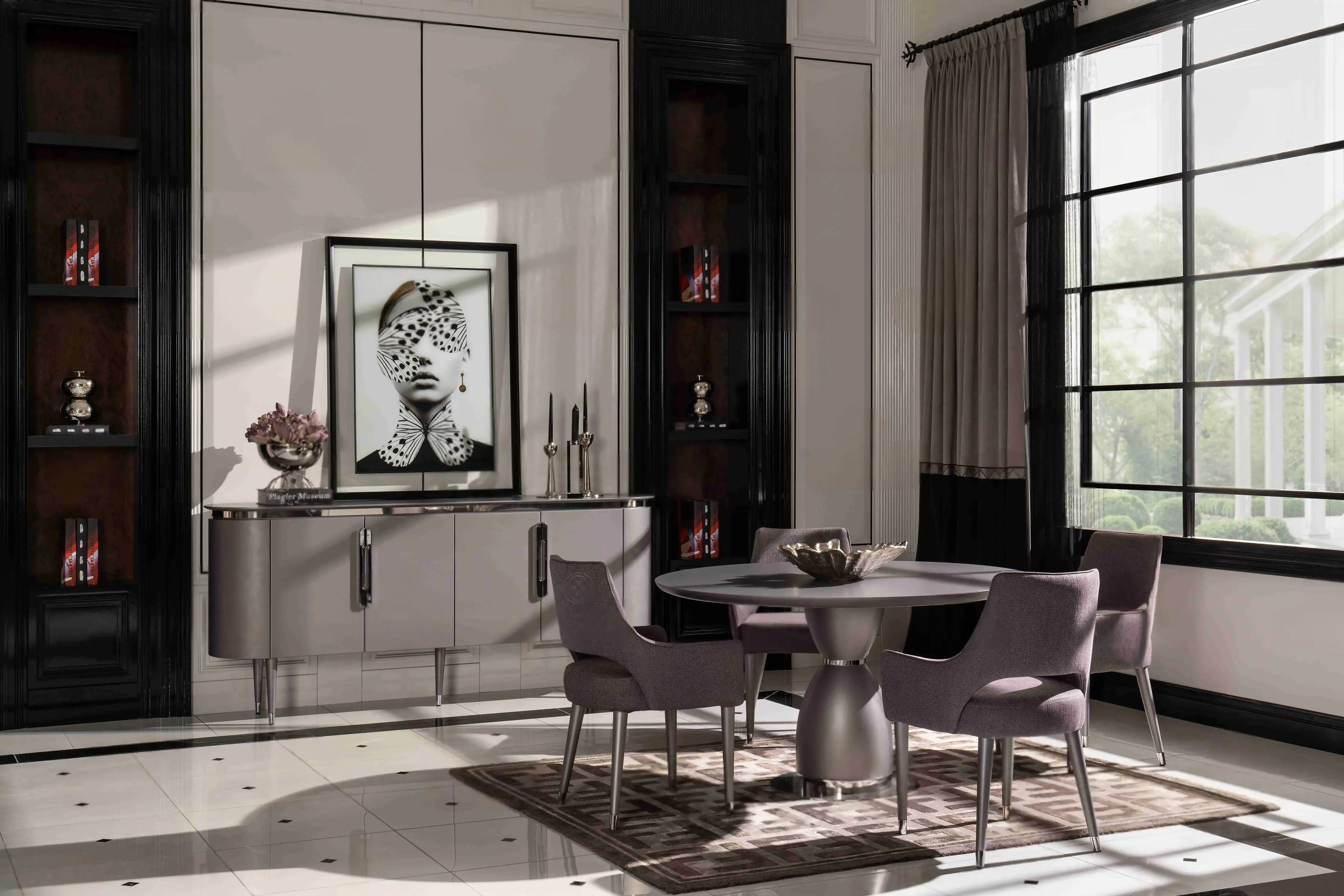 Porto round dining table, grey, with 4 chairs and sideboard with mirror. Part of the Porto Dining Set. Luxe Life Furniture.
