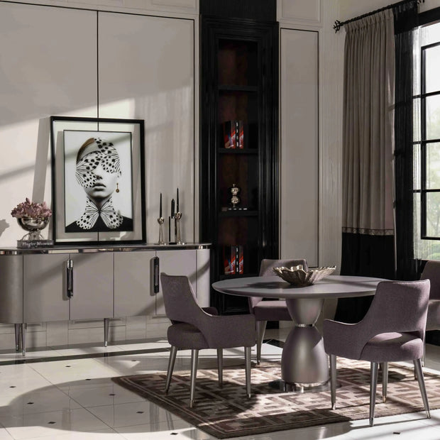 Porto round dining table, grey, with 4 chairs and sideboard with mirror. Part of the Porto Dining Set. Luxe Life Furniture.