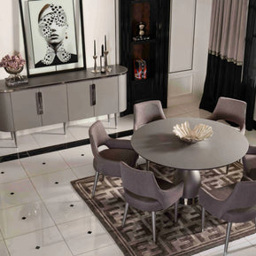 Top view, Porto round dining table, 6 chairs, and sideboard. Part of the Porto Dining Set. Luxe Life Furniture.